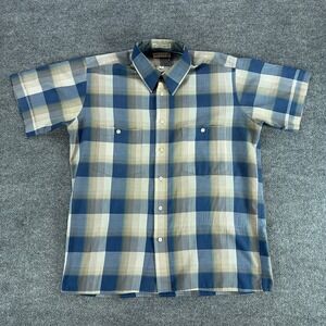 Vintage Pierre Cardin Mens Blue Plaid Short Sleeve Button Down Shirt Med Retro
